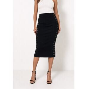 Alice + Olivia Lace Up Ribbed Knit Midi Pencil Skirt Wool Black S